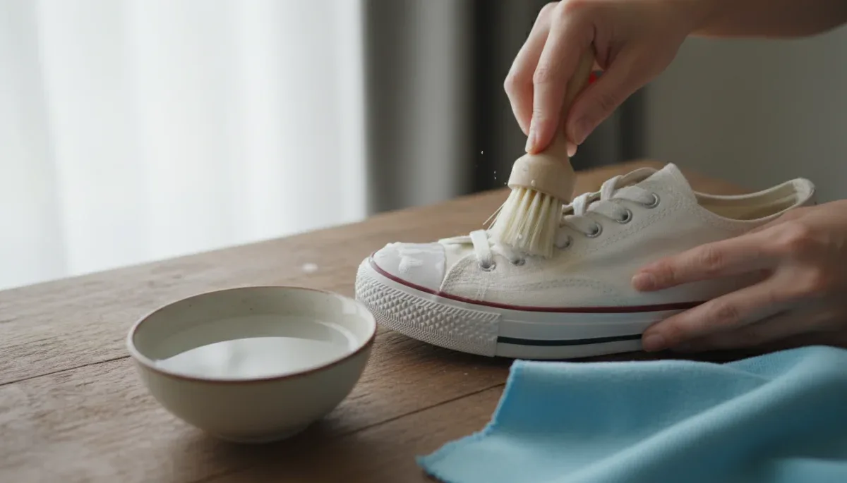 Proceso de cepillado suave sobre la tela de una zapatilla de lona blanca con espuma jabonosa