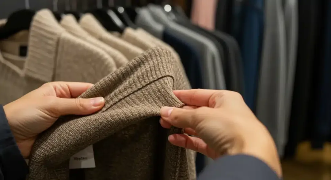Compradora estirando un tejido para verificar su elasticidad en una tienda de ropa.