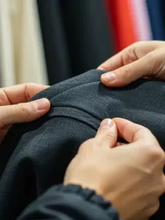 Manos examinando la costura de una prenda de alta calidad en una tienda de ropa en Estados Unidos.