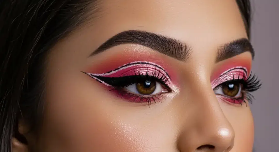 Mujer con maquillaje de ojos audaz y vibrante, reflejando las tendencias de 2025.