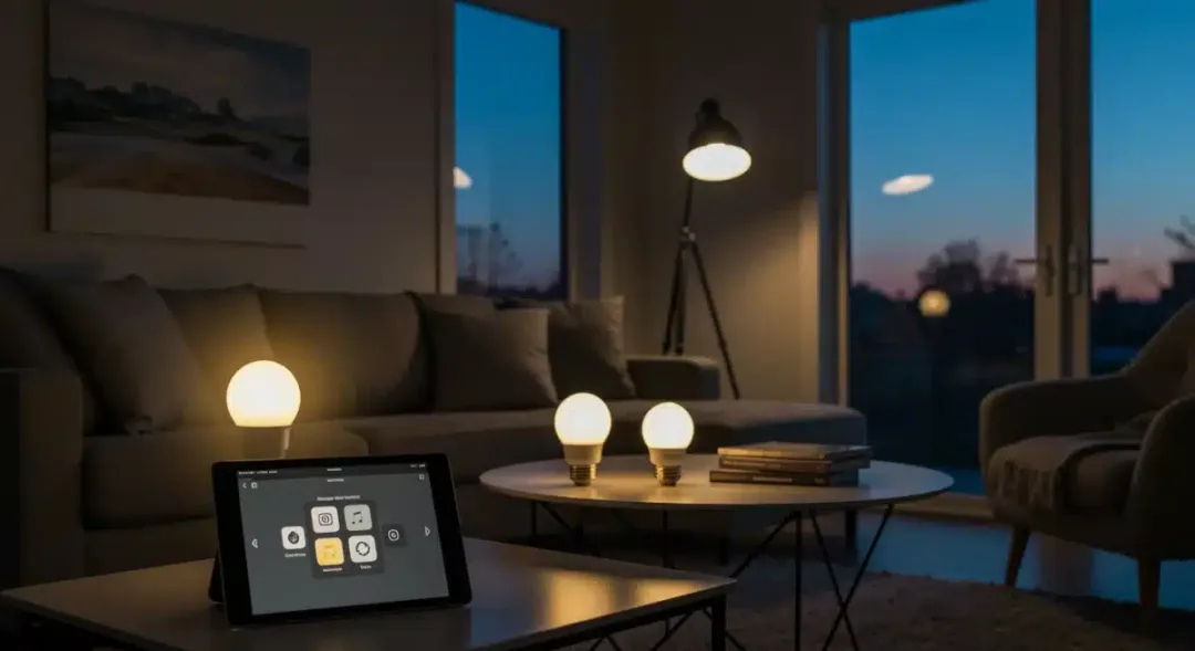Salón moderno con iluminación inteligente que crea un ambiente cálido y acogedor al atardecer, mostrando un ahorro energético significativo.