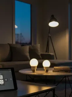 Salón moderno con iluminación inteligente que crea un ambiente cálido y acogedor al atardecer, mostrando un ahorro energético significativo.