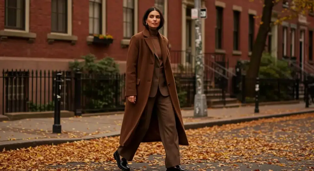 Mujer elegante con abrigo largo y pantalones anchos, mostrando las tendencias de moda de otoño 2025 en Estados Unidos.