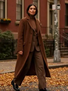 Mujer elegante con abrigo largo y pantalones anchos, mostrando las tendencias de moda de otoño 2025 en Estados Unidos.