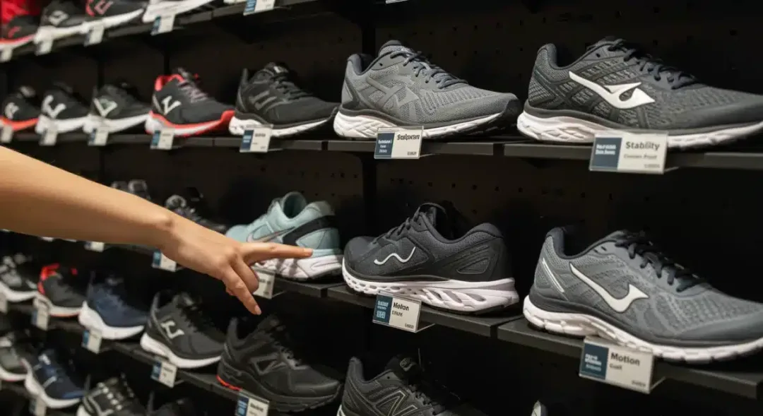 Variedad de zapatillas de running en un expositor, mostrando diferentes modelos y marcas.