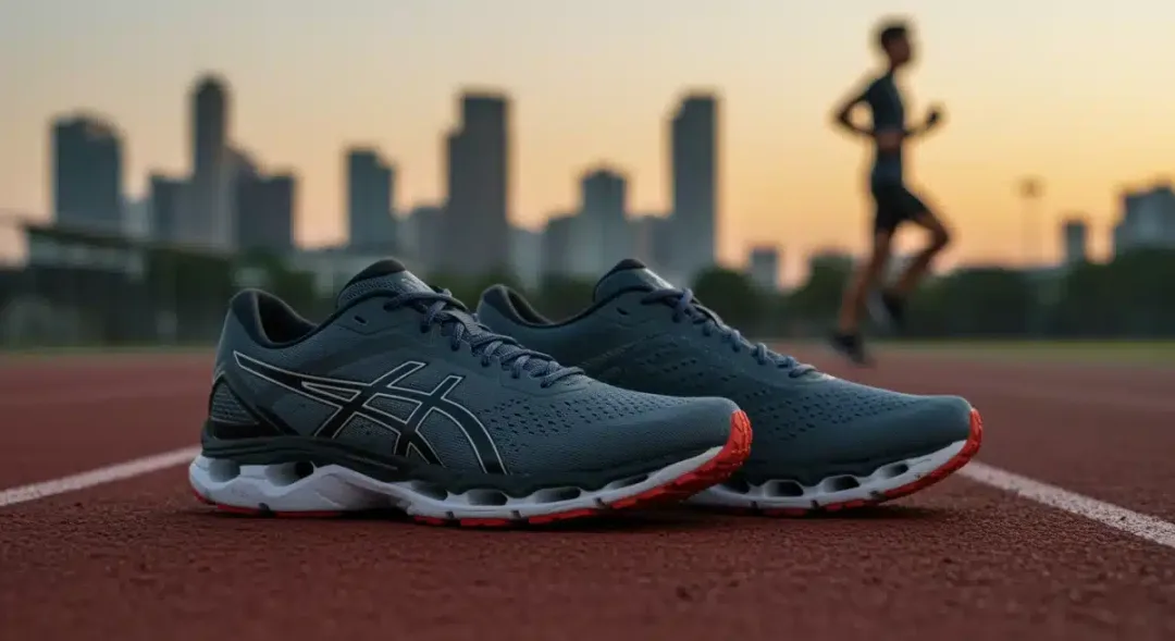Zapatillas de running de alto rendimiento sobre una pista, con detalles de amortiguación y soporte.