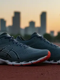 Zapatillas de running de alto rendimiento sobre una pista, con detalles de amortiguación y soporte.