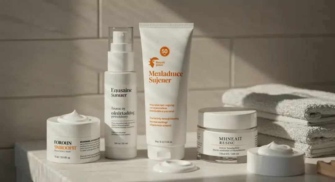 Productos de cuidado facial, incluyendo protector solar, dispuestos en un baño, ilustrando una rutina de belleza.