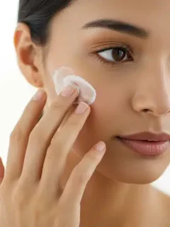 Mujer aplicando protector solar facial con cuidado en su rostro, destacando la importancia de una aplicación correcta.
