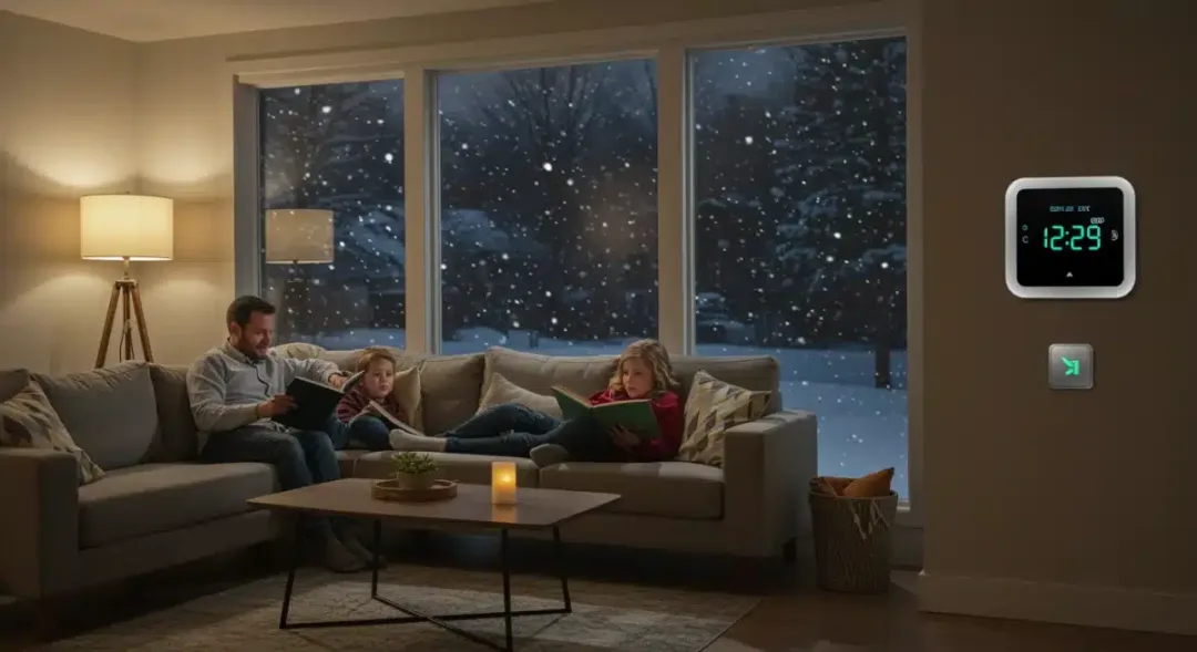 Familia disfrutando de un salón cálido y eficiente en invierno, con termostato inteligente visible.