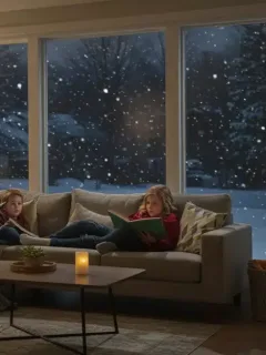 Familia disfrutando de un salón cálido y eficiente en invierno, con termostato inteligente visible.