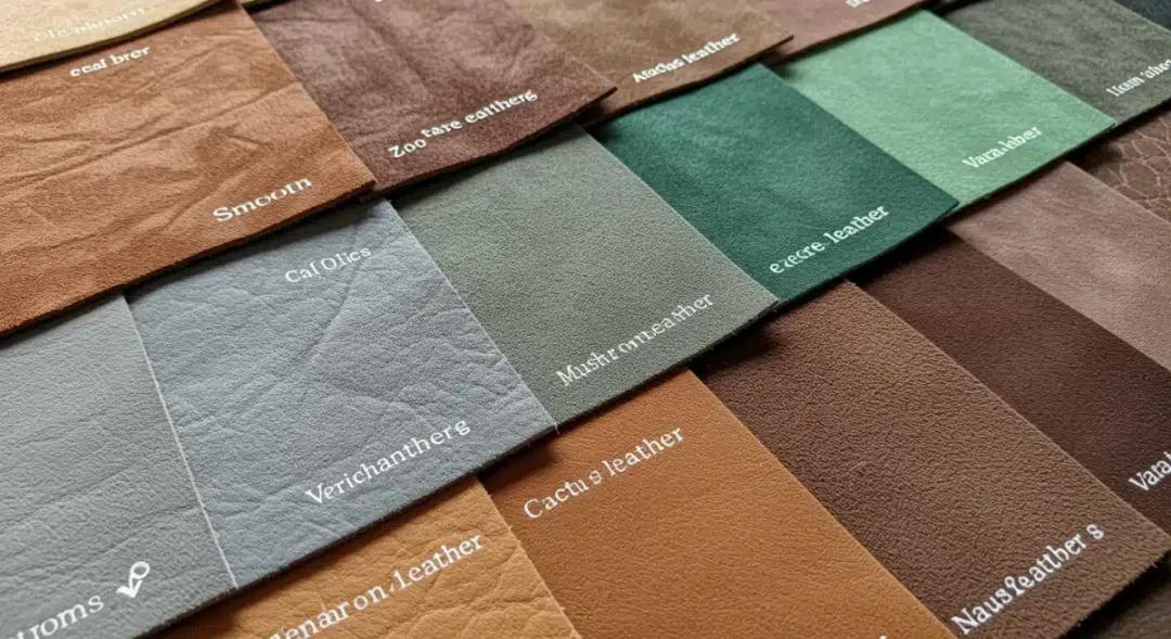 Muestras detalladas de cueros veganos innovadores, mostrando texturas de piña, setas y cactus.