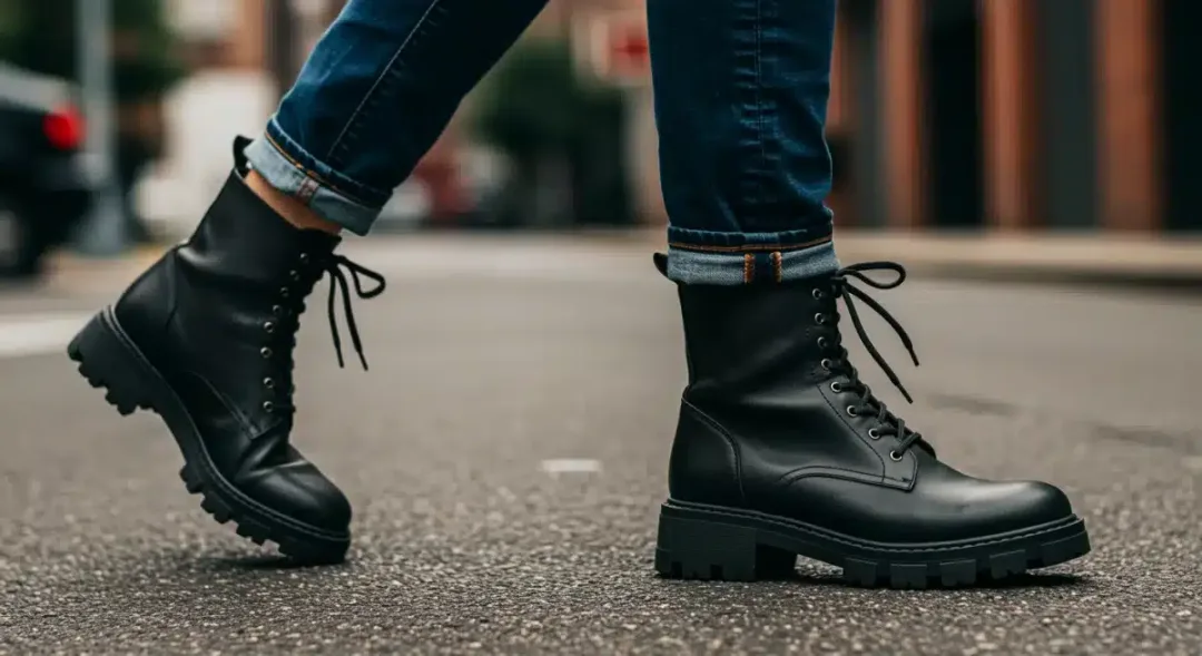 Persona caminando por la ciudad con botas veganas elegantes y duraderas, destacando su resistencia urbana.