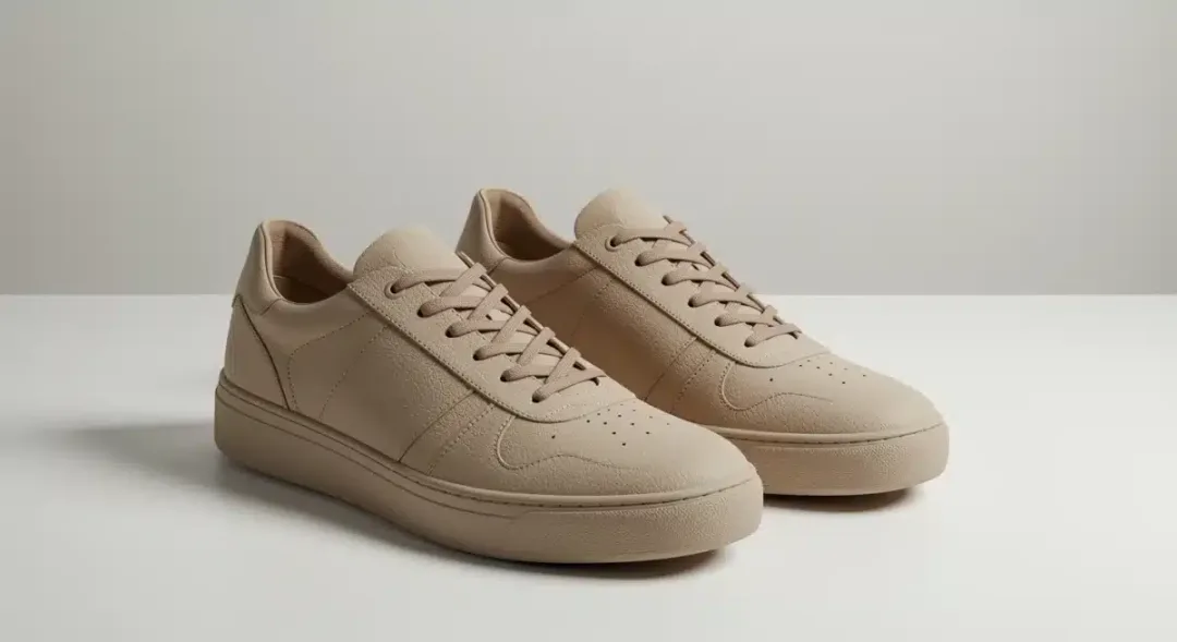 Zapatillas veganas de diseño moderno sobre una superficie clara, destacando su calidad y estética sostenible.