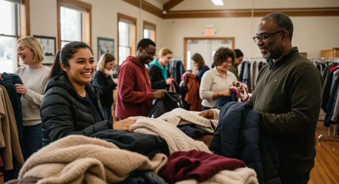 Grupo de personas participando en un intercambio de ropa de invierno.