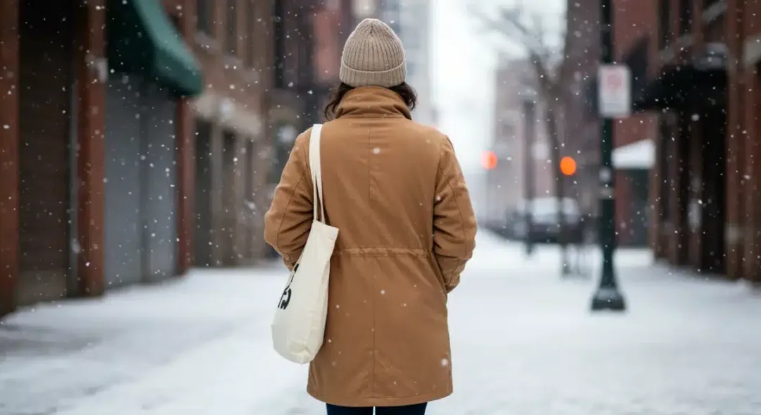 Mujer vistiendo un abrigo sostenible en un paisaje invernal urbano de Estados Unidos.