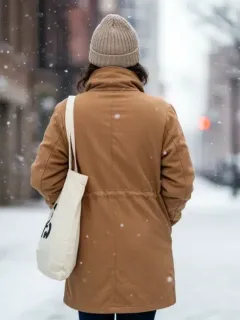Mujer vistiendo un abrigo sostenible en un paisaje invernal urbano de Estados Unidos.
