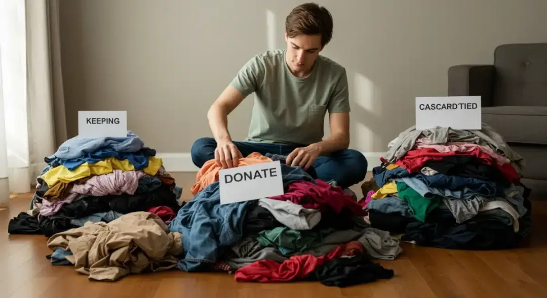 Persona clasificando ropa en tres montones: conservar, donar y desechar.