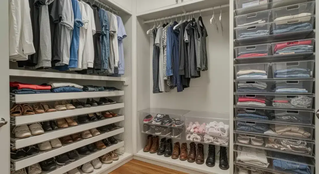 Armario perfectamente organizado con ropa doblada y colgada, zapatos alineados y accesorios en contenedores transparentes.
