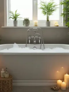 Baño transformado en un lujoso spa en casa con bañera, velas y plantas, evocando tranquilidad y bienestar.