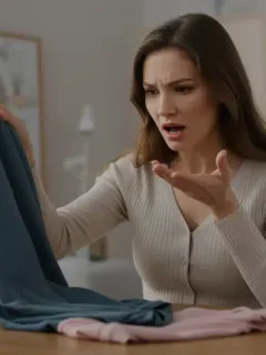 Mujer frustrada con ropa que no le queda bien, comprando online en Estados Unidos.