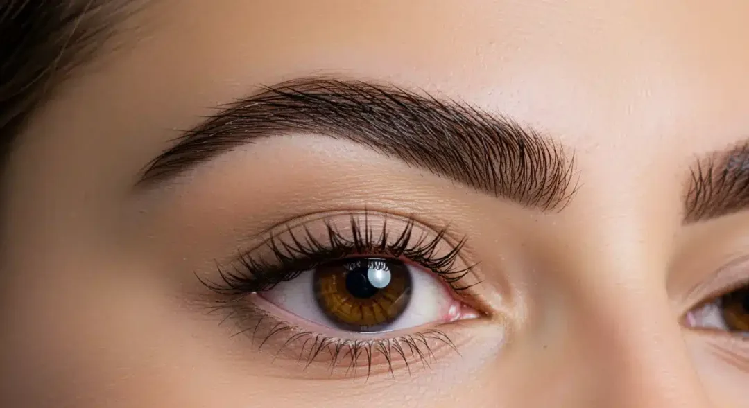 Mujer con cejas perfectamente maquilladas y definidas, resaltando una mirada impactante.