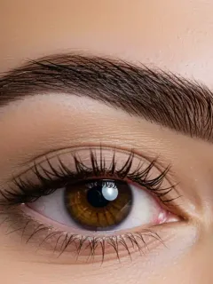 Mujer con cejas perfectamente maquilladas y definidas, resaltando una mirada impactante.