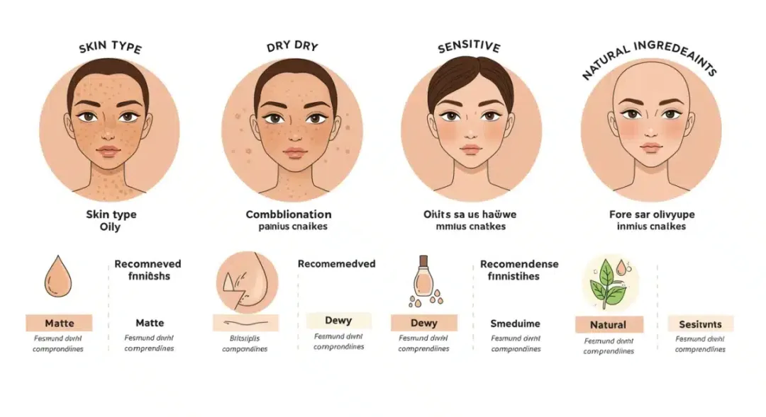 Infografía detallando tipos de piel y acabados de base de maquillaje recomendados para cada uno.