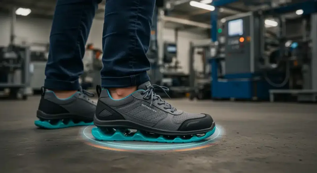 Persona con calzado ergonómico trabajando de pie en un entorno industrial moderno, mostrando comodidad y soporte.