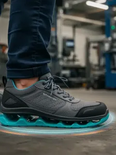 Persona con calzado ergonómico trabajando de pie en un entorno industrial moderno, mostrando comodidad y soporte.
