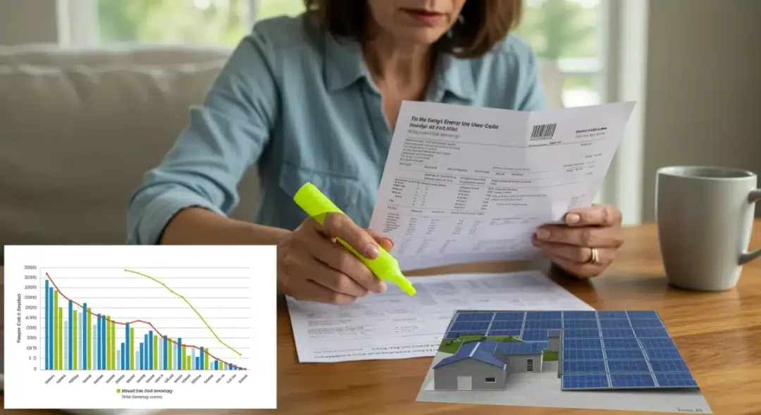 Propietario revisando una factura de electricidad con ahorros significativos gracias a la energía solar.