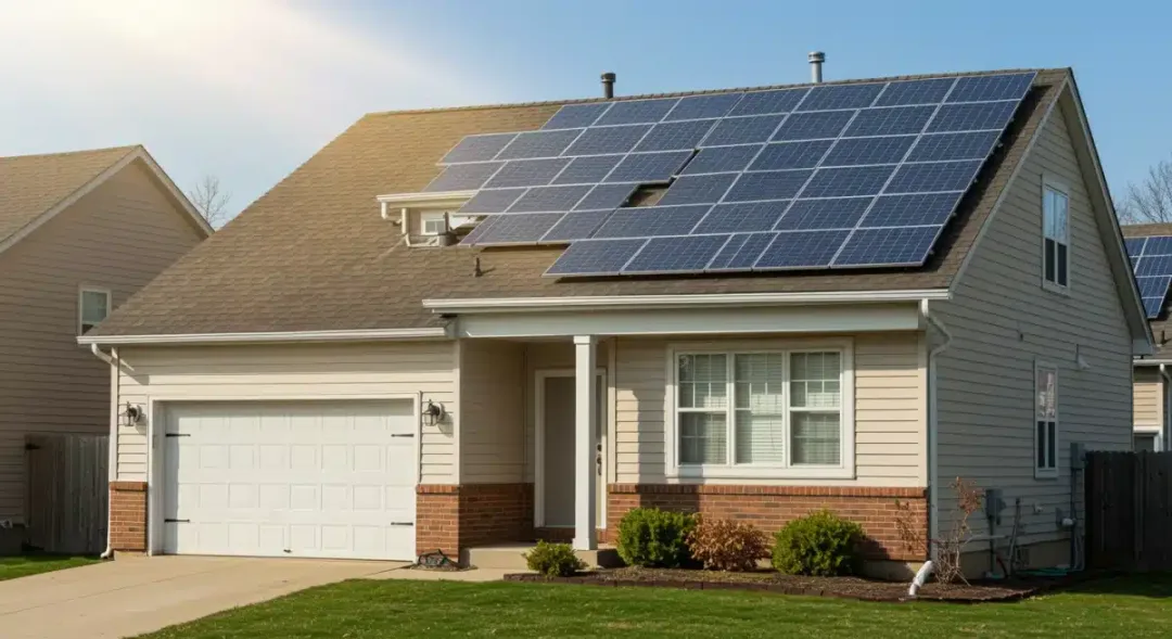 Casa suburbana en Estados Unidos con paneles solares instalados en el tejado bajo el sol brillante.