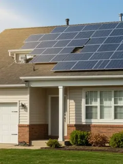 Casa suburbana en Estados Unidos con paneles solares instalados en el tejado bajo el sol brillante.