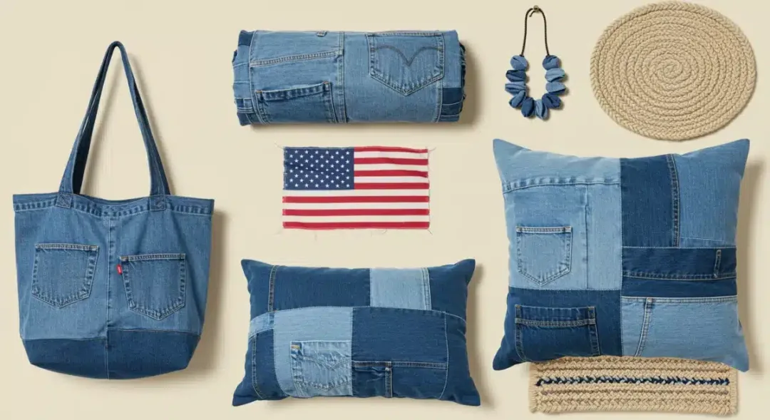 Composición creativa de objetos hechos con ropa vieja reutilizada, mostrando sostenibilidad y estilo en Estados Unidos.