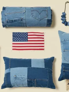 Composición creativa de objetos hechos con ropa vieja reutilizada, mostrando sostenibilidad y estilo en Estados Unidos.
