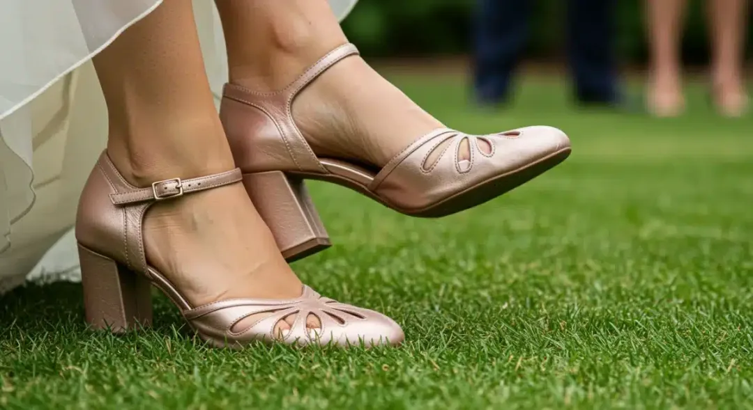 Mujer luciendo tacones de bloque cómodos en una boda al aire libre, ejemplificando la combinación de estilo y confort.