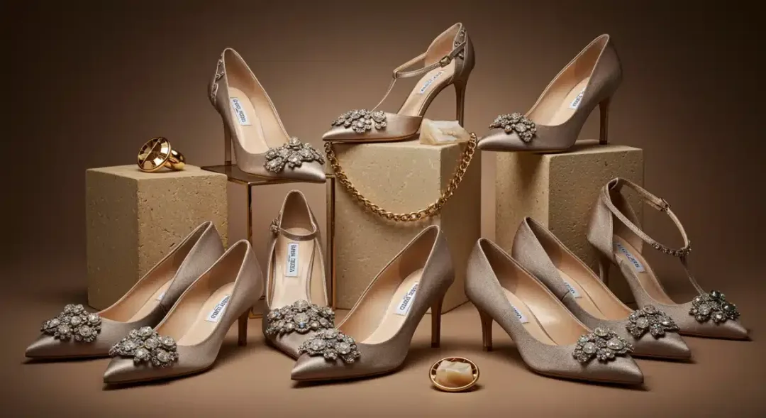 Variedad de calzado elegante para ocasiones especiales, como bodas y fiestas, con tacones altos y zapatos de vestir.