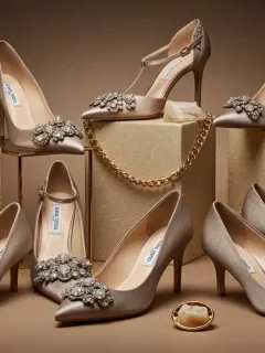 Variedad de calzado elegante para ocasiones especiales, como bodas y fiestas, con tacones altos y zapatos de vestir.