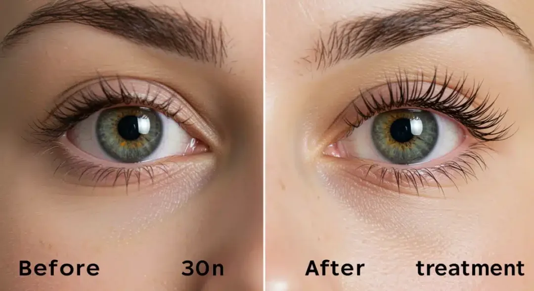 Comparativa de pestañas antes y después de un tratamiento de 30 días.