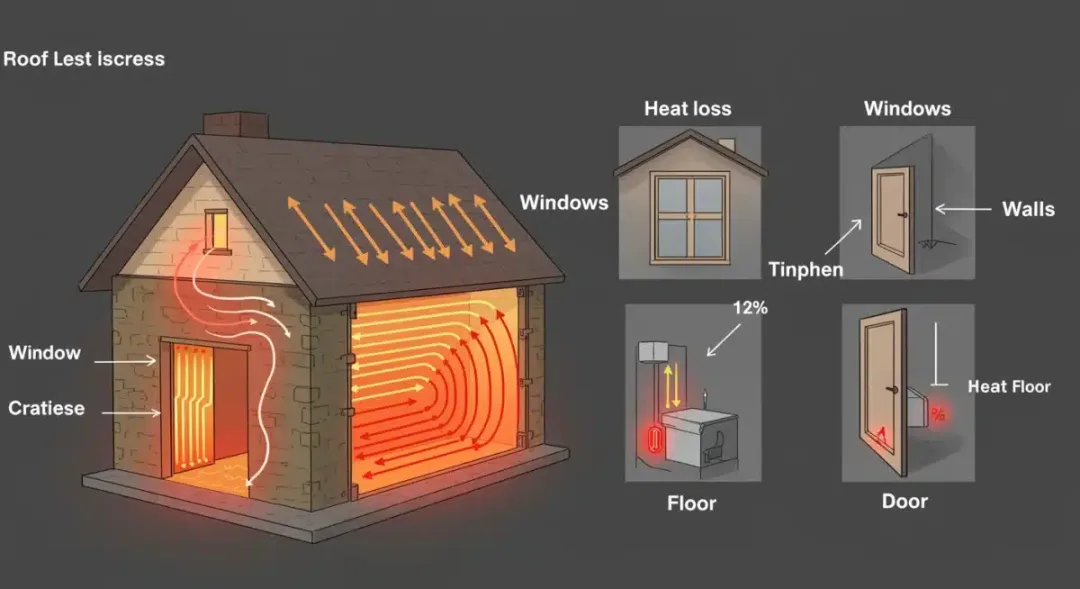 Diagrama detallado mostrando la pérdida de calor en una casa a través de diferentes puntos.