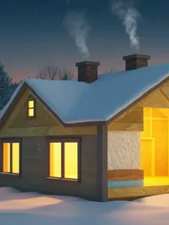 Casa bien aislada en invierno en Estados Unidos, con una sección transversal que muestra el aislamiento térmico.