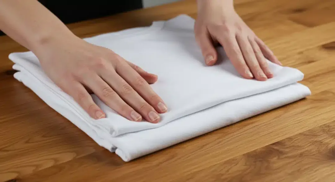 Manos doblando una camiseta recién planchada, mostrando el acabado liso y las líneas perfectas.