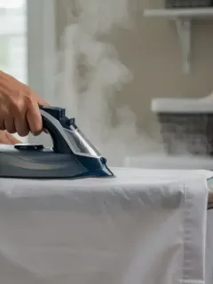 Persona planchando una camisa blanca en una tabla de planchar, con una plancha de vapor, en una lavandería moderna en Estados Unidos.