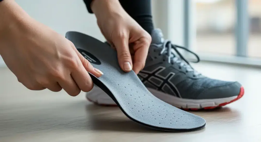 Persona insertando una plantilla de gel amortiguadora en un zapato deportivo para mayor confort.