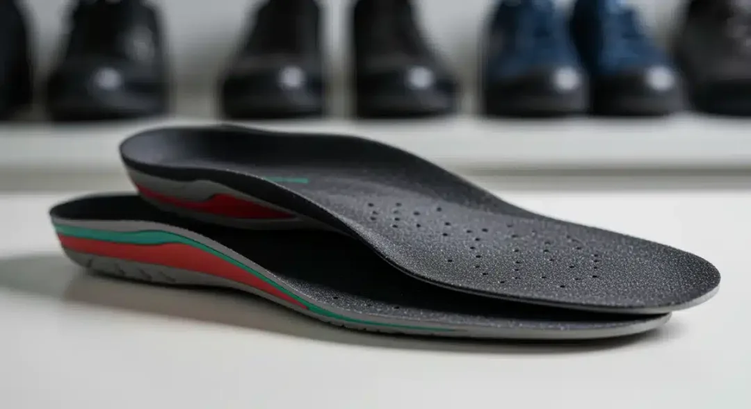 Plantillas ergonómicas de alta tecnología para zapatos, mostrando capas de amortiguación y soporte de arco.