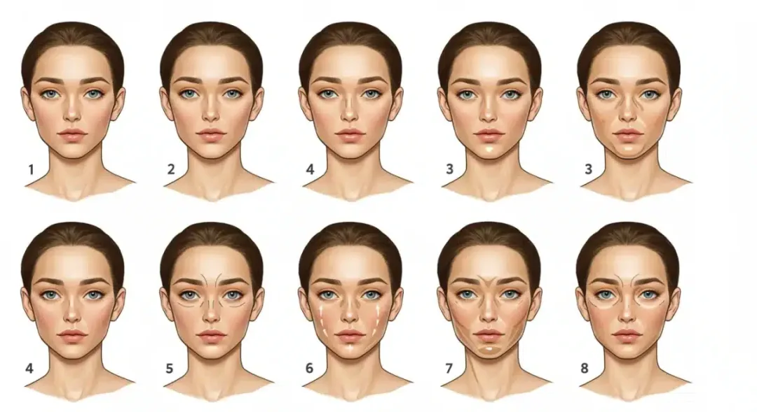 Guía visual paso a paso de contouring facial, mostrando las zonas de aplicación de tonos claros y oscuros para esculpir el rostro.