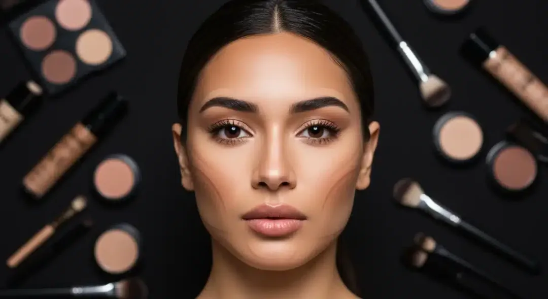 Mujer con contouring perfecto y maquillaje impecable, destacando pómulos definidos y una mandíbula esculpida, con productos de belleza de alta gama.