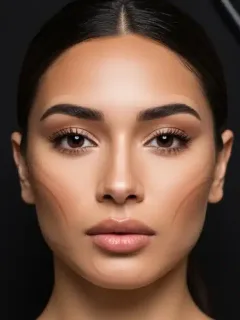 Mujer con contouring perfecto y maquillaje impecable, destacando pómulos definidos y una mandíbula esculpida, con productos de belleza de alta gama.