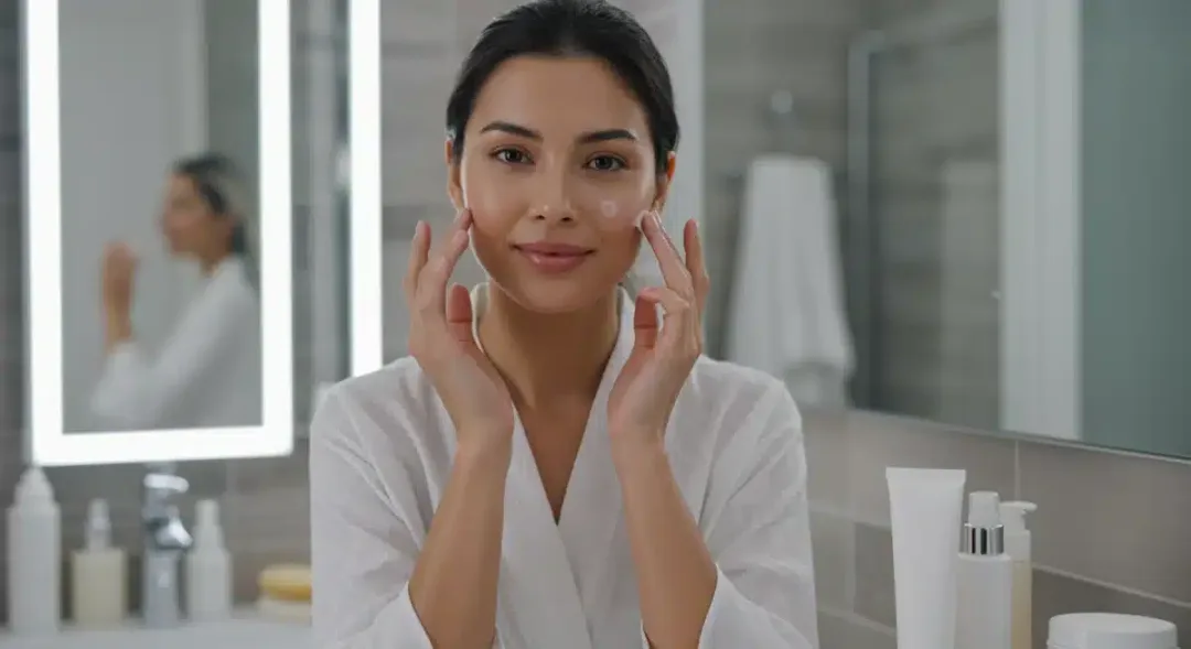 Mujer aplicando crema de noche en su piel mixta, con productos de cuidado facial modernos en el fondo.