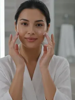Mujer aplicando crema de noche en su piel mixta, con productos de cuidado facial modernos en el fondo.